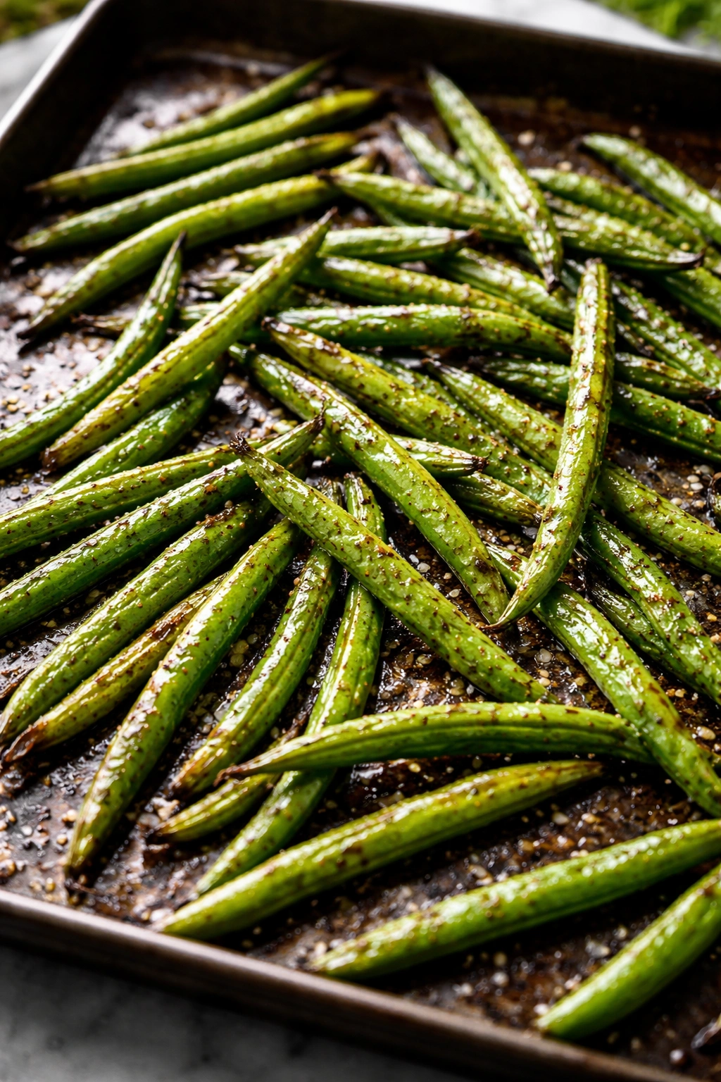 Bright green beans with light browning and oil sheen on a dark sheet