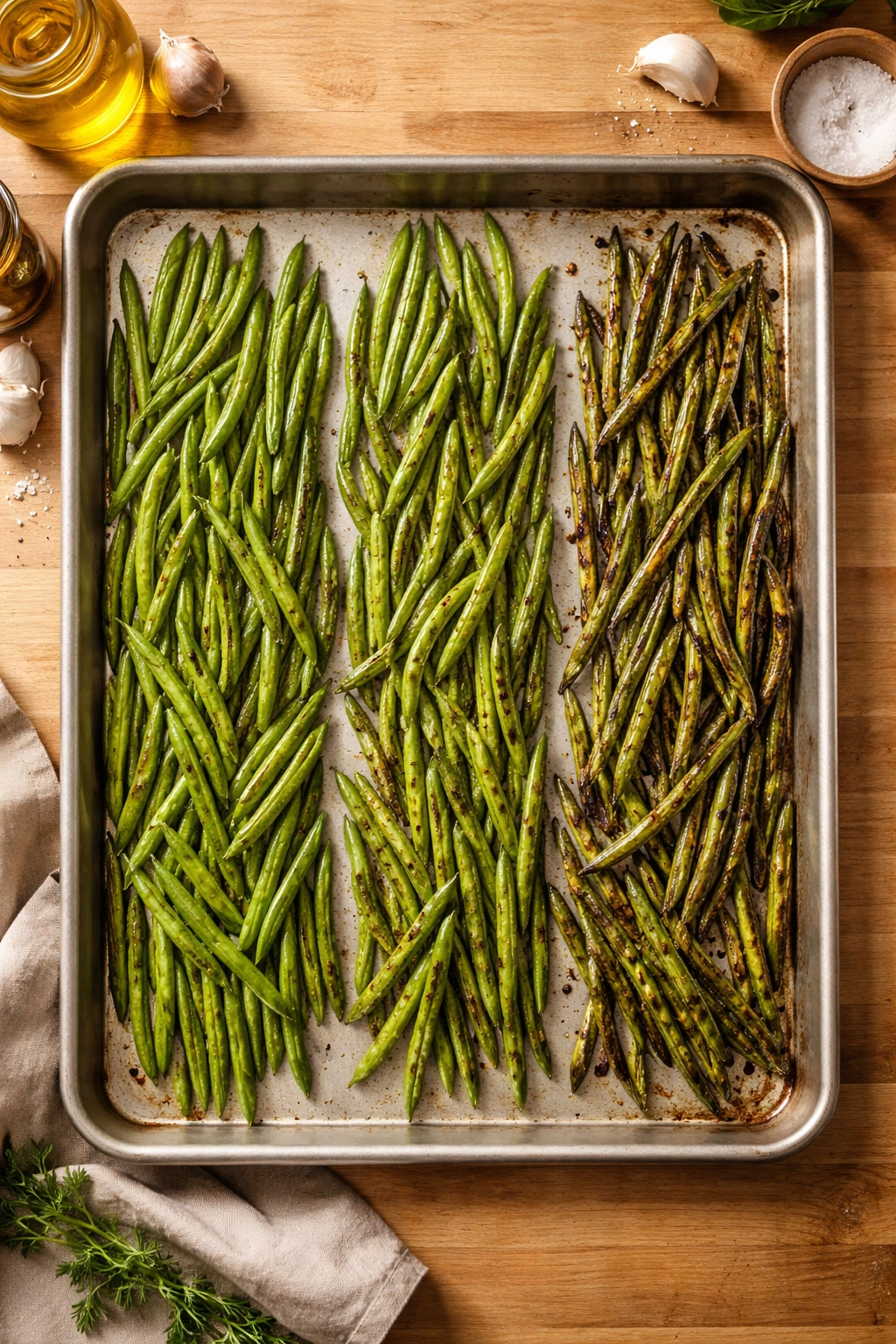 Green beans arranged in three zones showing progression of browning