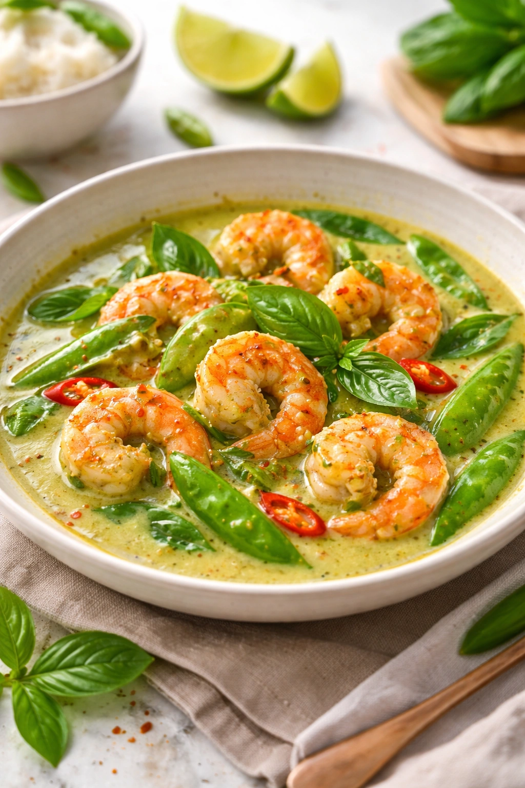 Shrimp in green curry with coconut milk and vegetables in a bowl