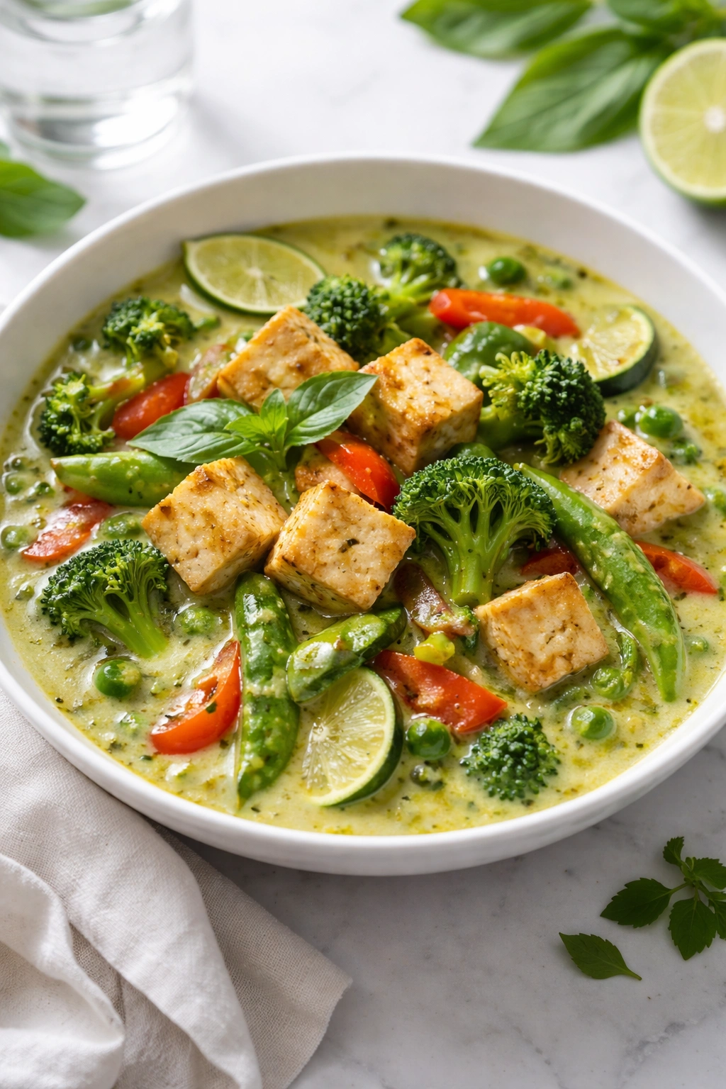 Thai green curry with vegetables and tofu in a bowl