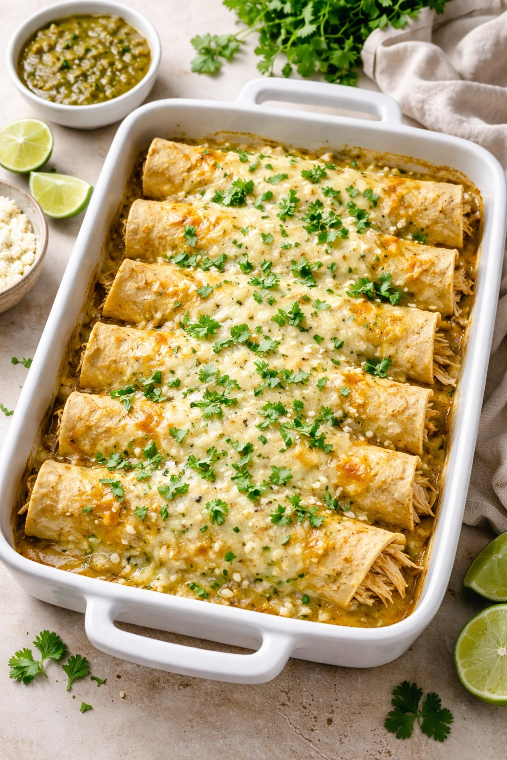 Green chicken enchiladas in a baking dish with salsa verde