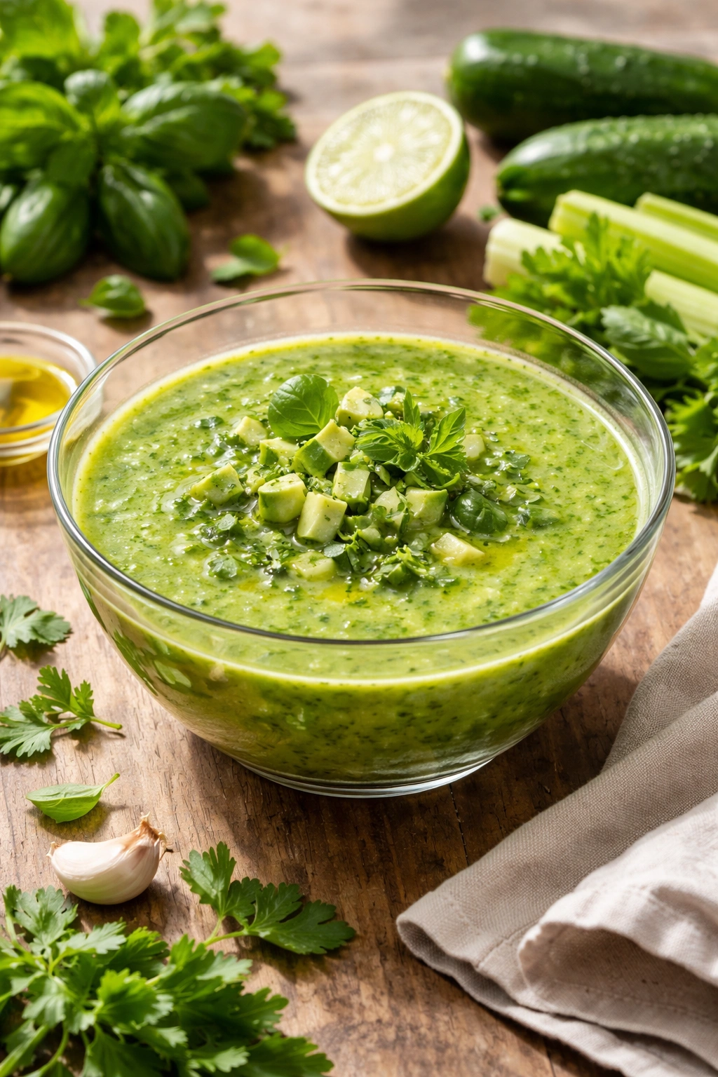 Jade green gazpacho with herb flecks in a bowl