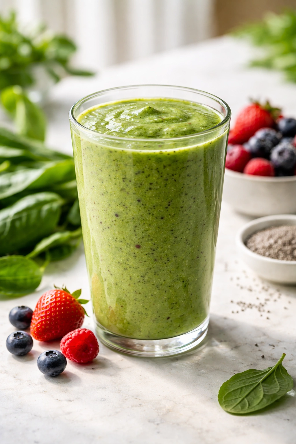 Glass of green berry smoothie on a clean countertop