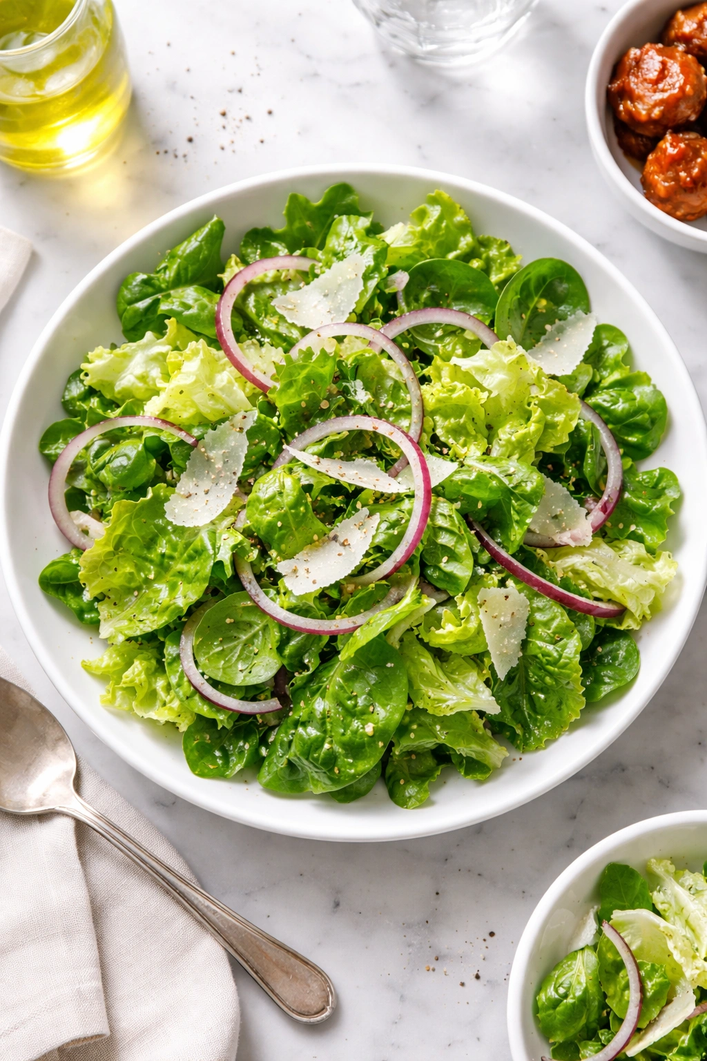 Fresh green salad with tangy vinaigrette on a white plate
