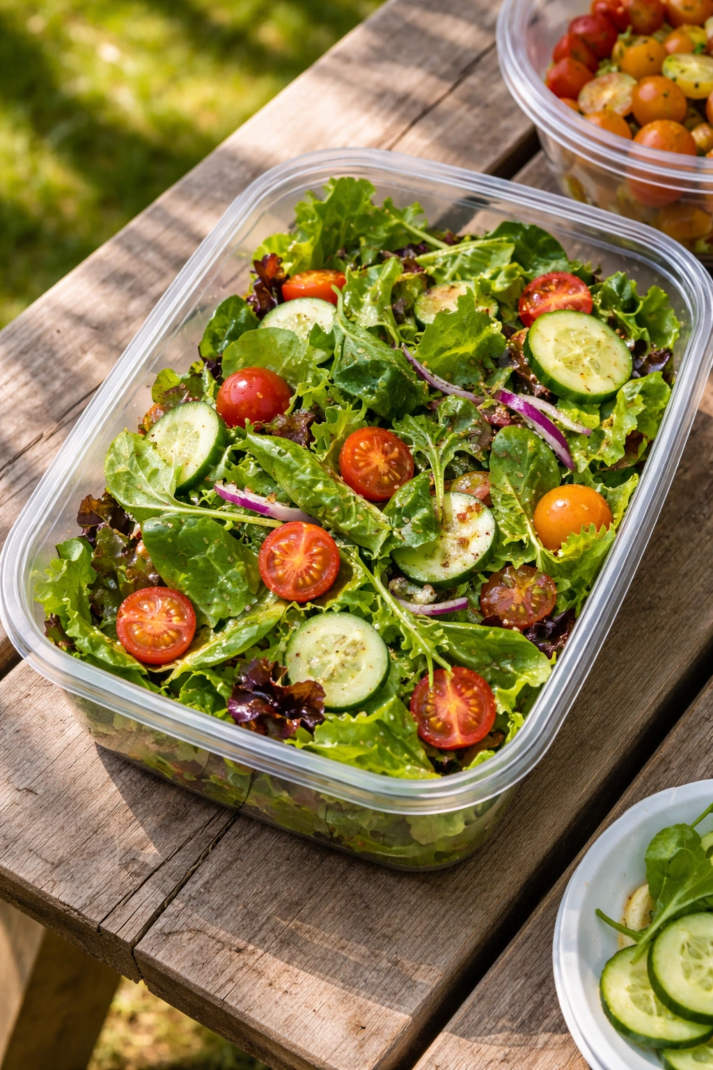 Fresh green salad in a portable container with vinaigrette