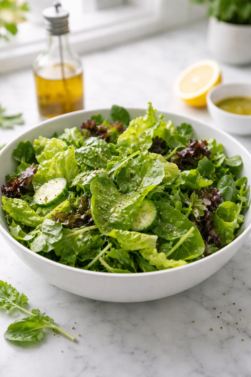 Green salad with vinaigrette in white bowl, top view