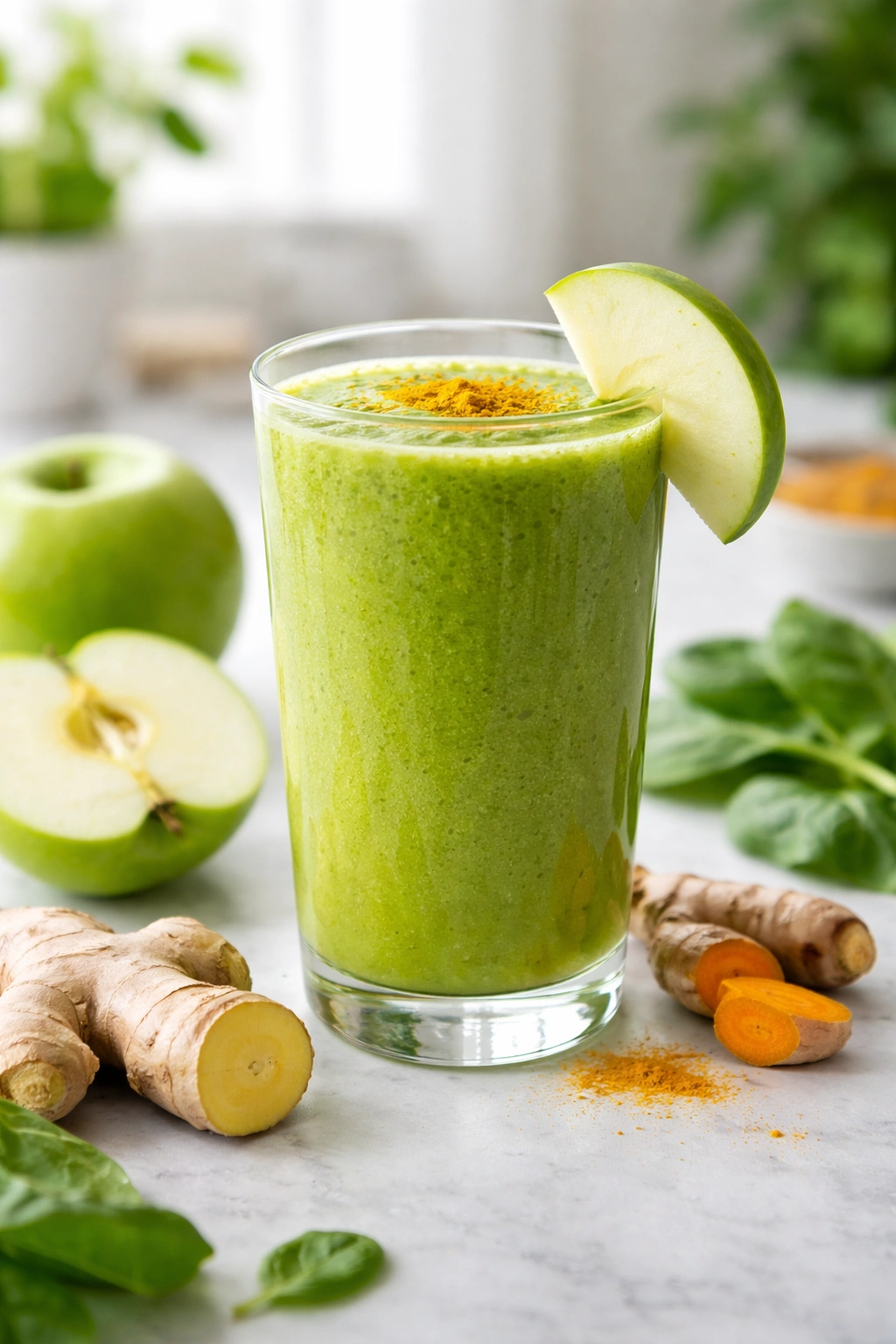 Green smoothie with apple slice and ginger near the glass