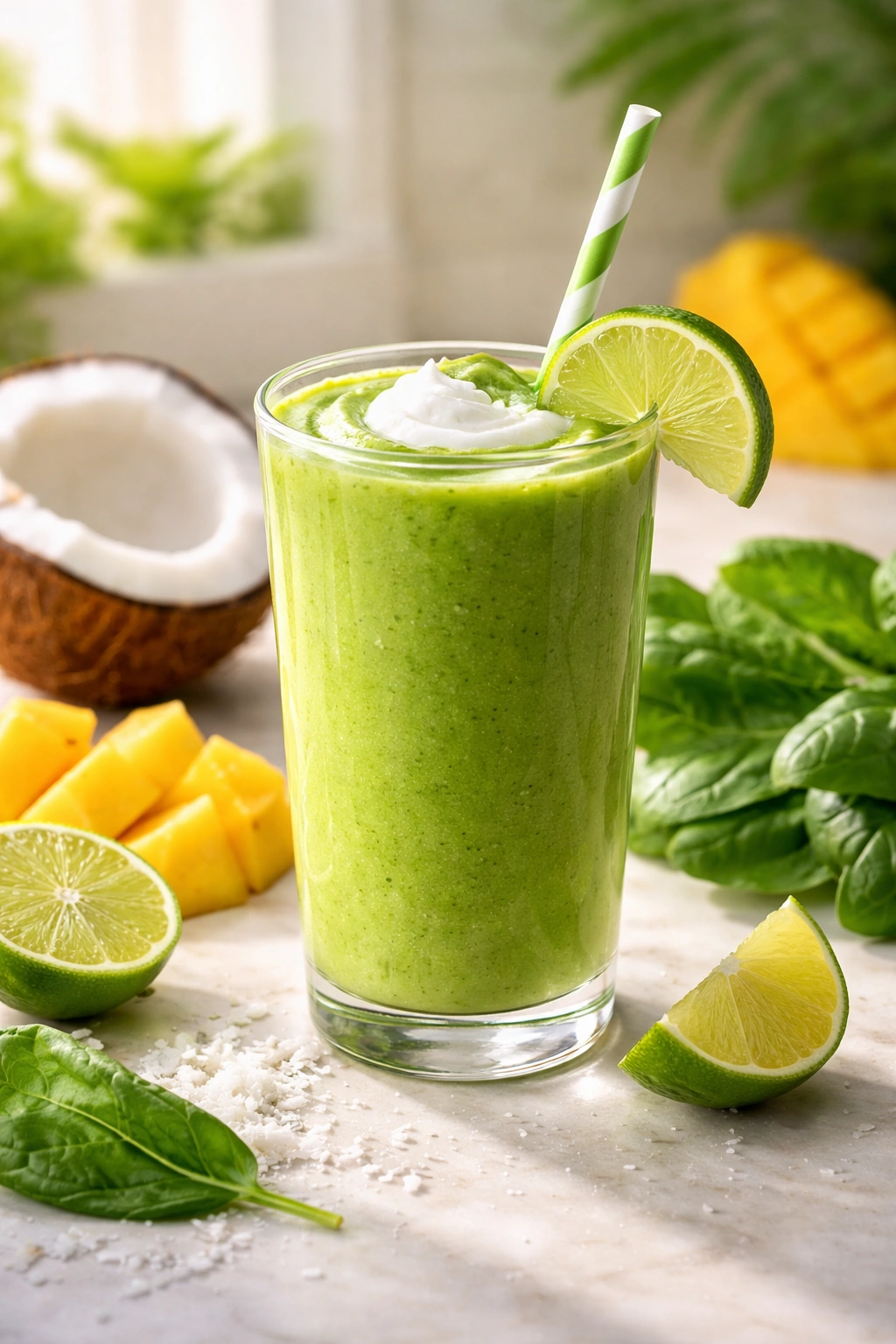Close-up of vibrant green tropical smoothie in glass with lime wedge