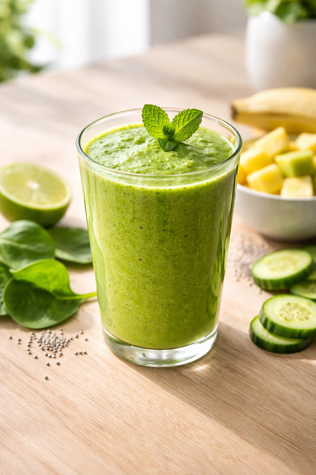 Green smoothie in a glass on a wooden table