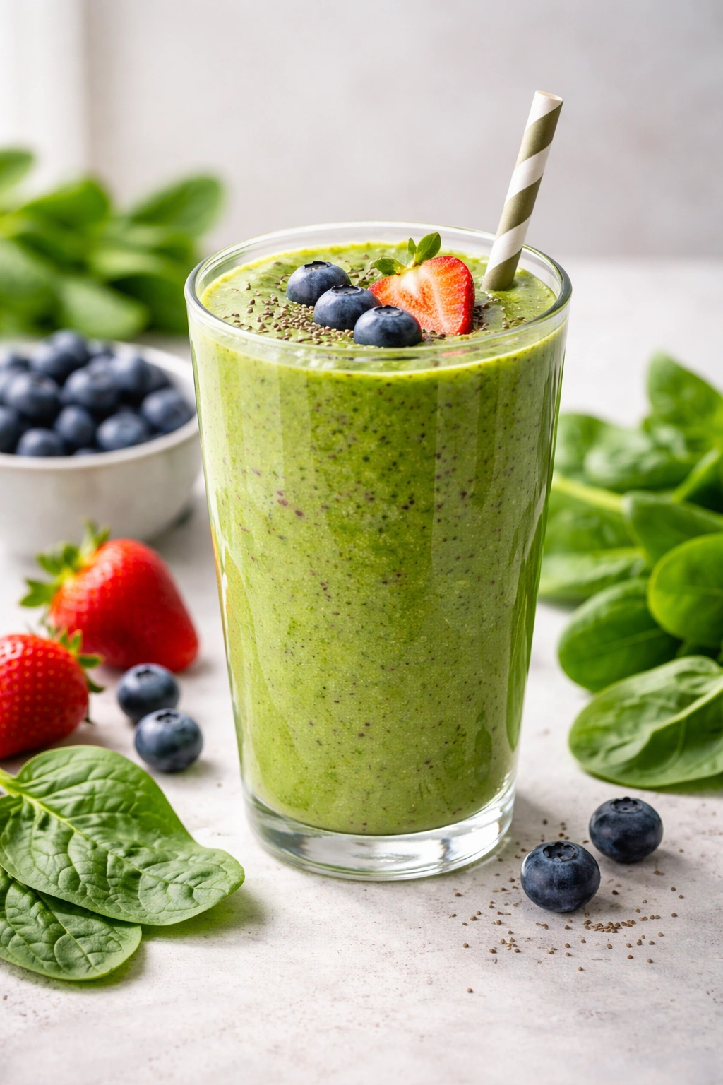 Tall glass of green smoothie with hints of berries and spinach.