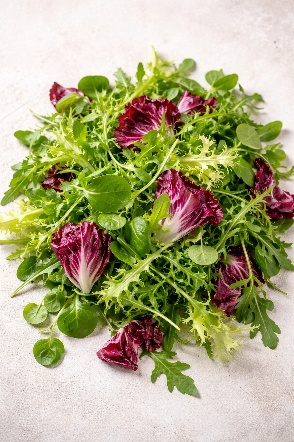 Close-up of mixed peppery greens ready for a bacon-based salad.