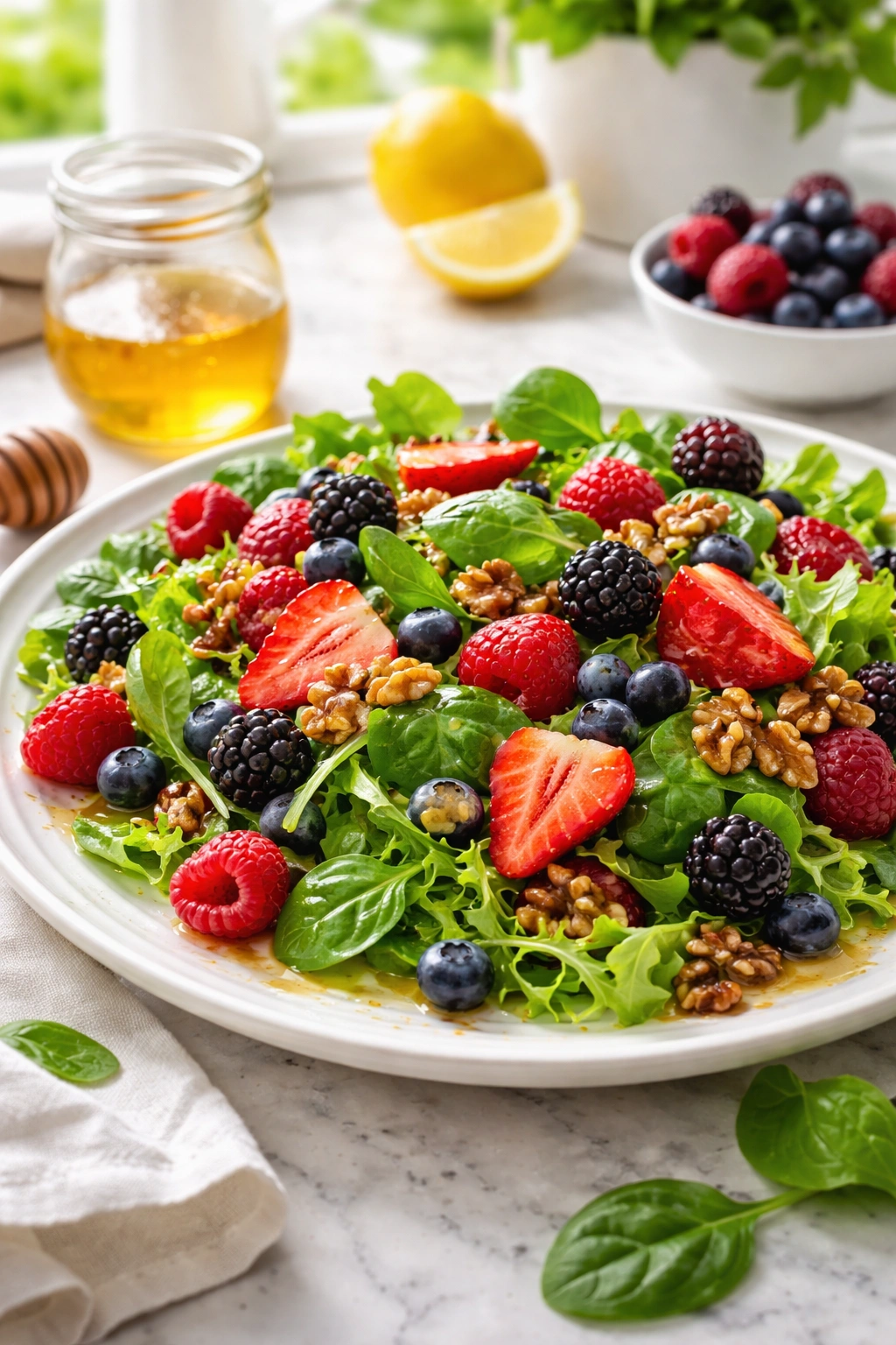 Mixed greens with berries and walnuts, honey vinaigrette drizzle.