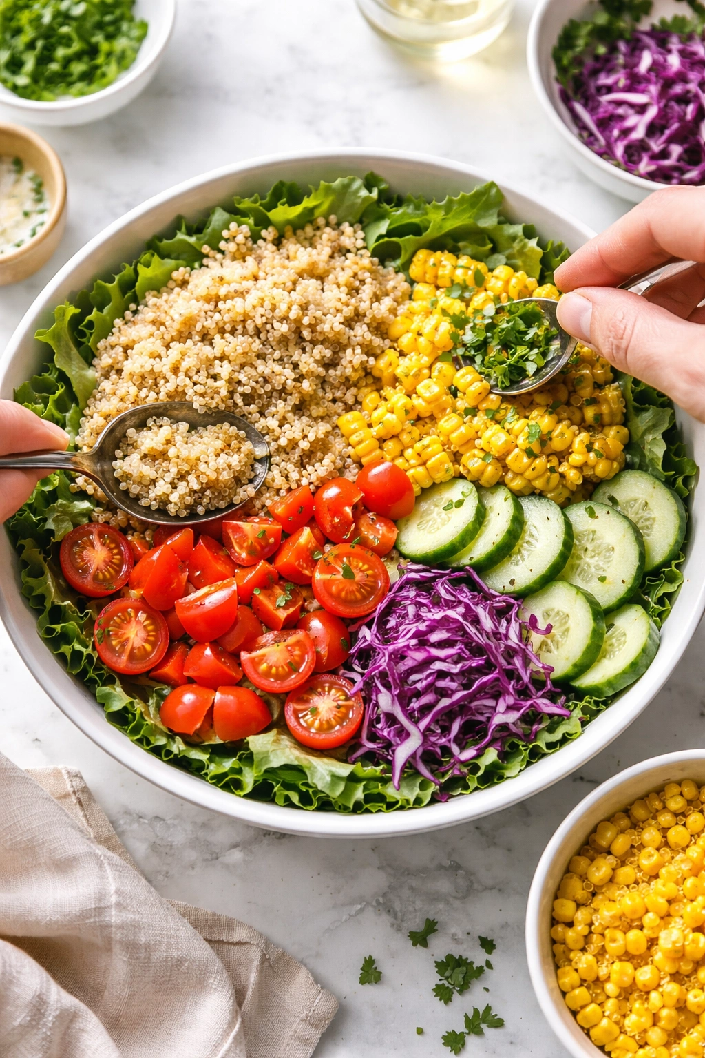 Top-down bowl with greens, quinoa, corn and vegetables arranged in sections