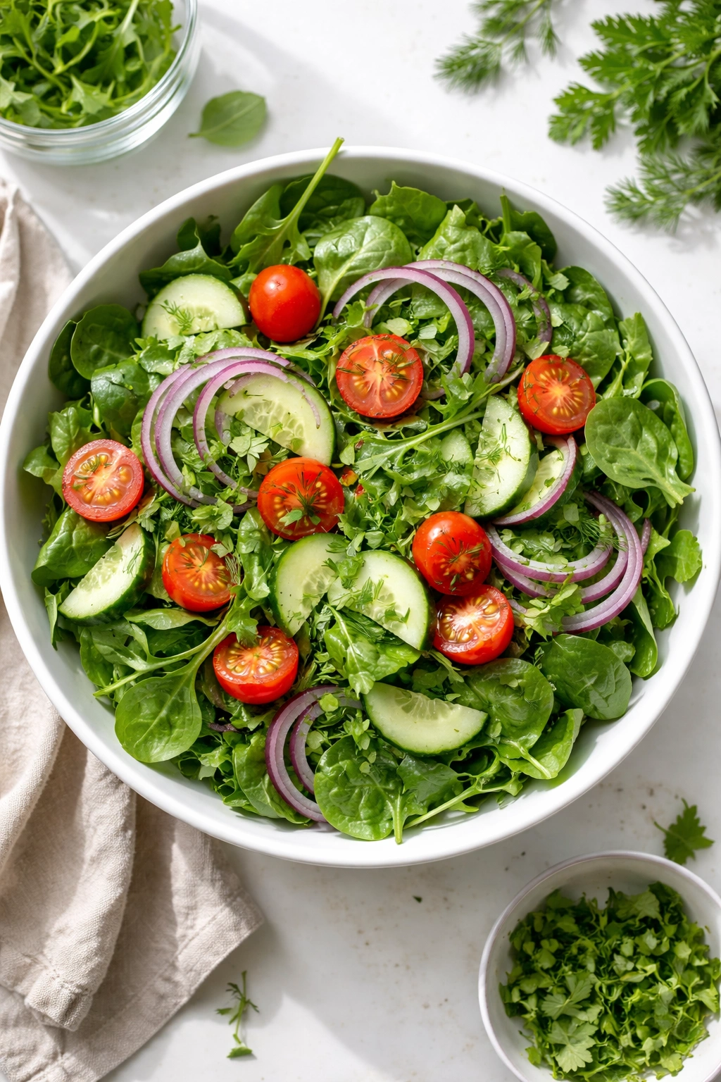 Bright greens with tomatoes, cucumber, onion and herbs for a seafood salad base.