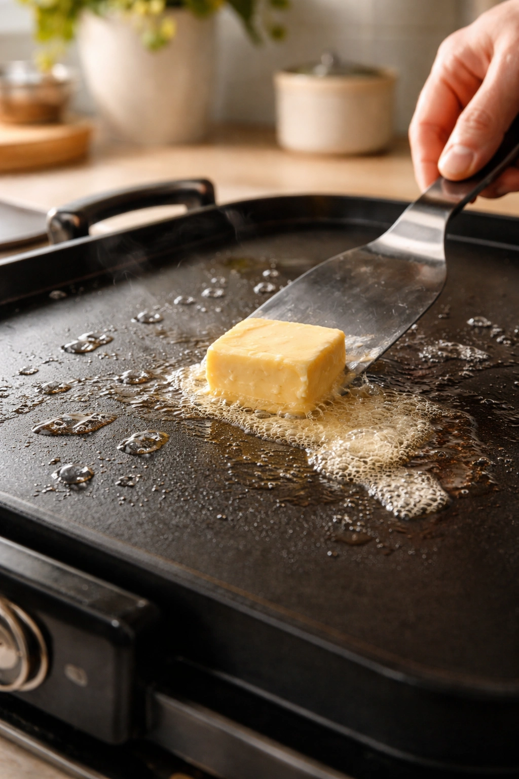 Griddle surface with dancing water droplets and melting butter