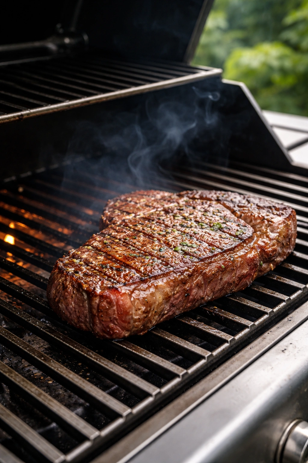 Steak on cooler grill section with wisps of smoke and no flames