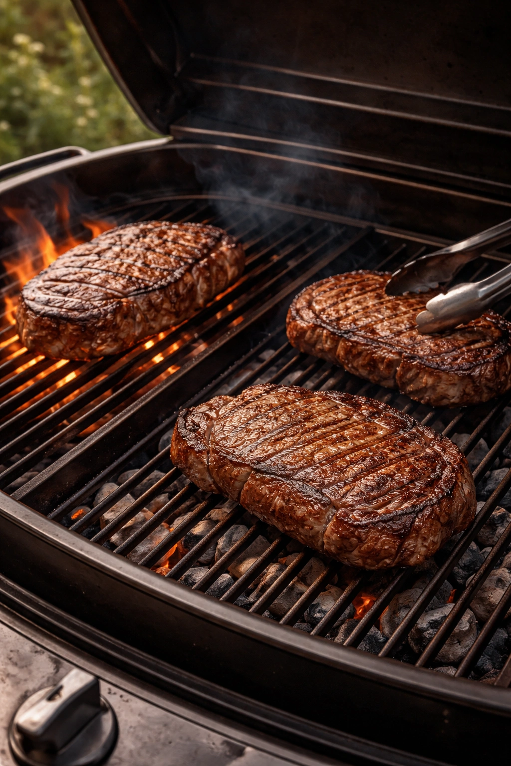 Steak on a two-zone grill with direct and indirect heat browning