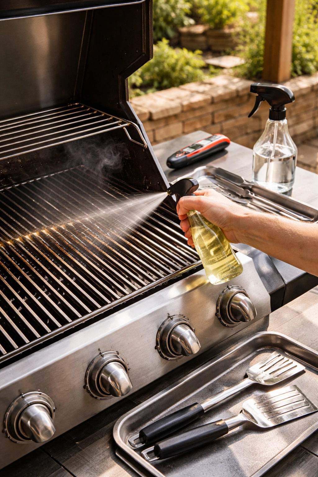 Close-up of a clean grill with gleaming grates, thermometer and utensils nearby