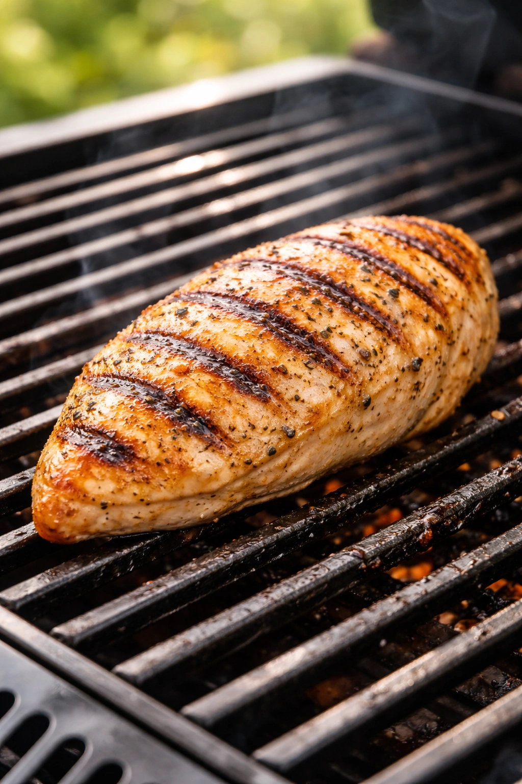 Perfectly seared chicken breast on a grill with even browning