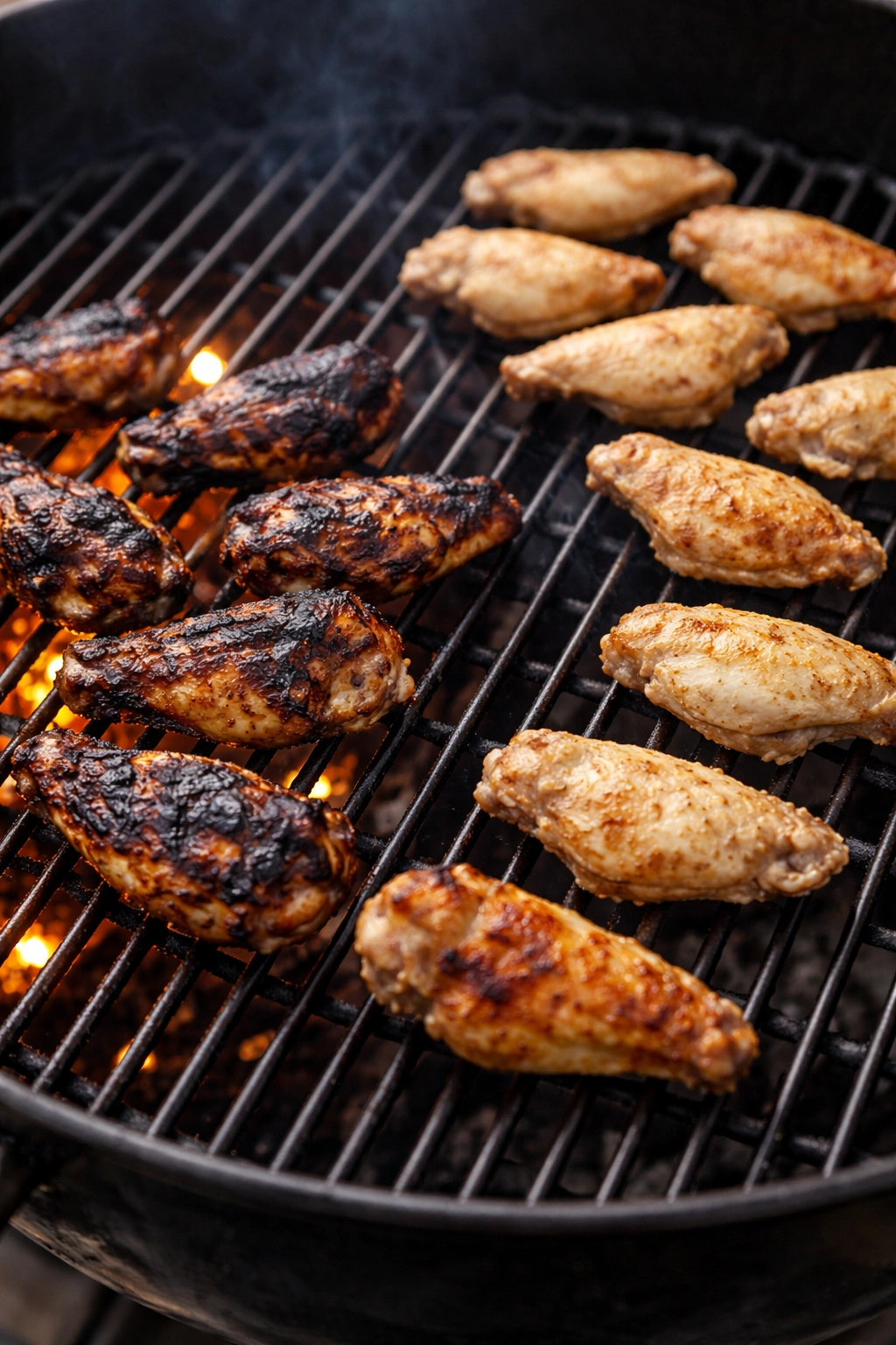 Grilled wings showing burns and undercooked interiors due to single-zone grilling.