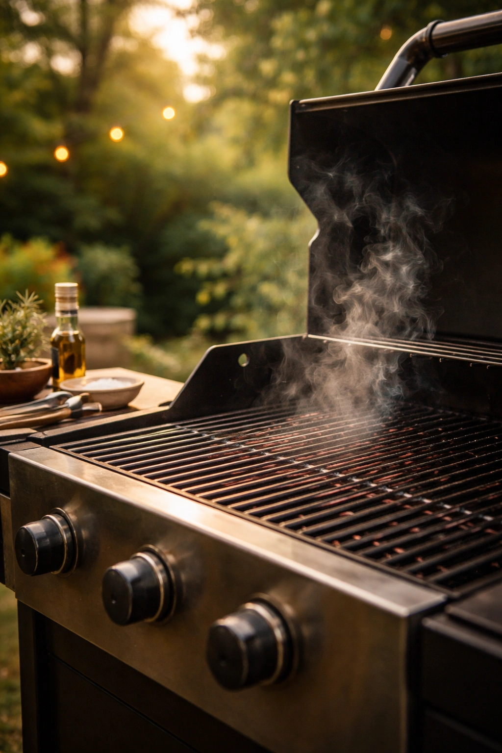 Close-up of a preheated grill grate with smoke rising