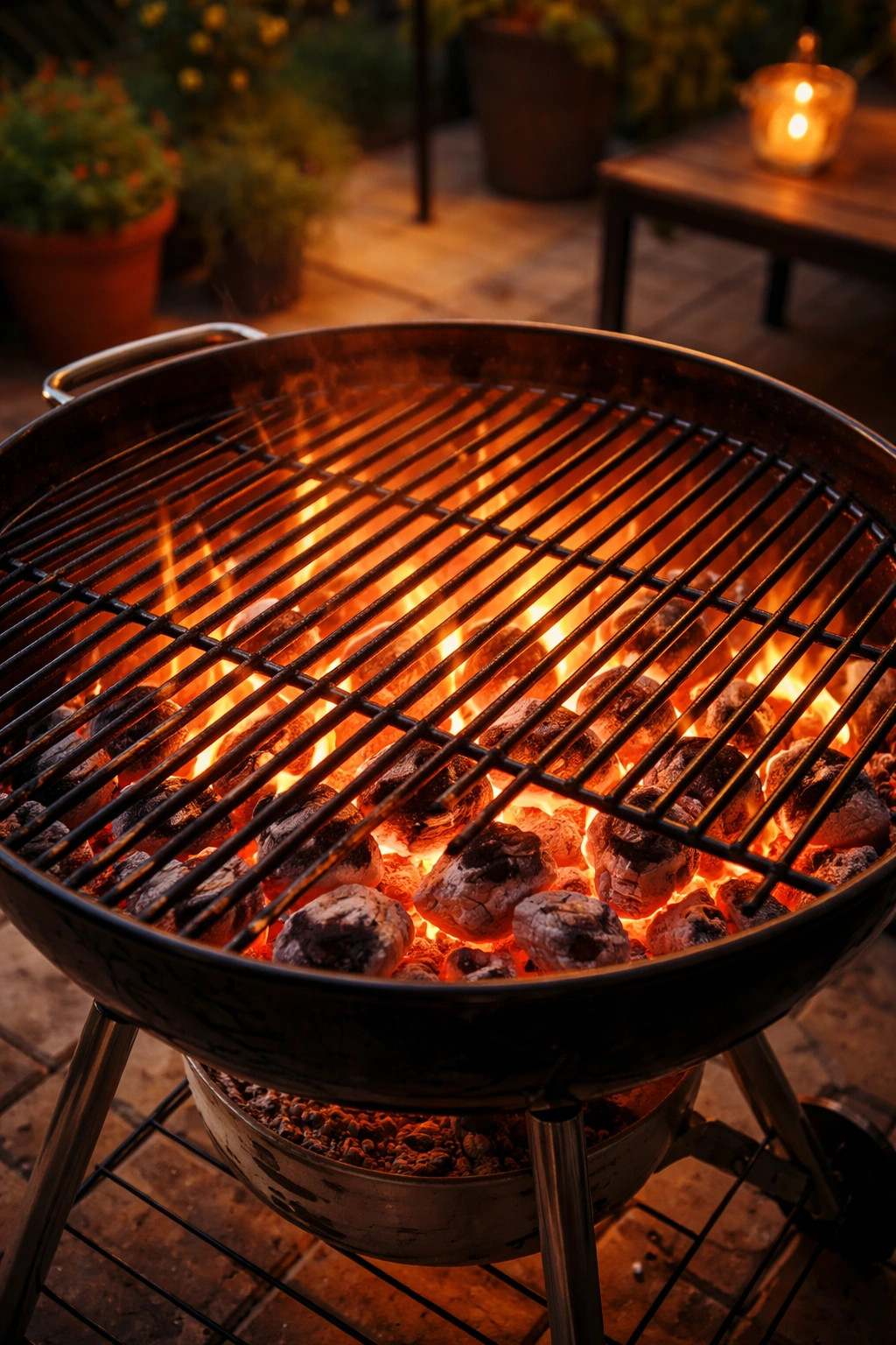 Grill with glowing embers preheating for steak cooking