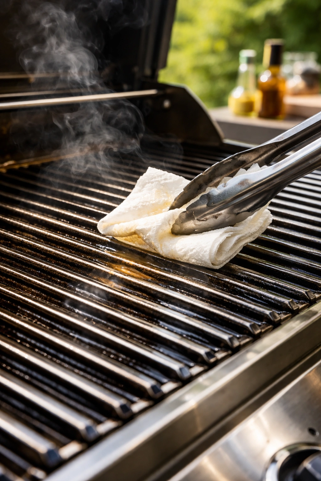 Grill grates being oiled for non-stick cooking