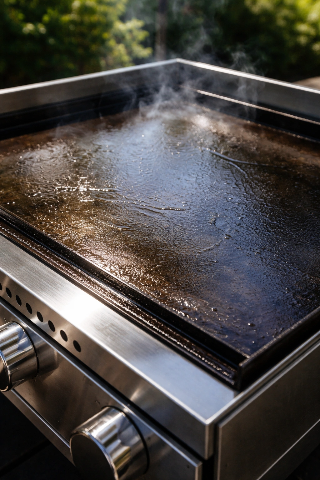 Hot flat-top griddle surface with oil sheen, ready for searing.