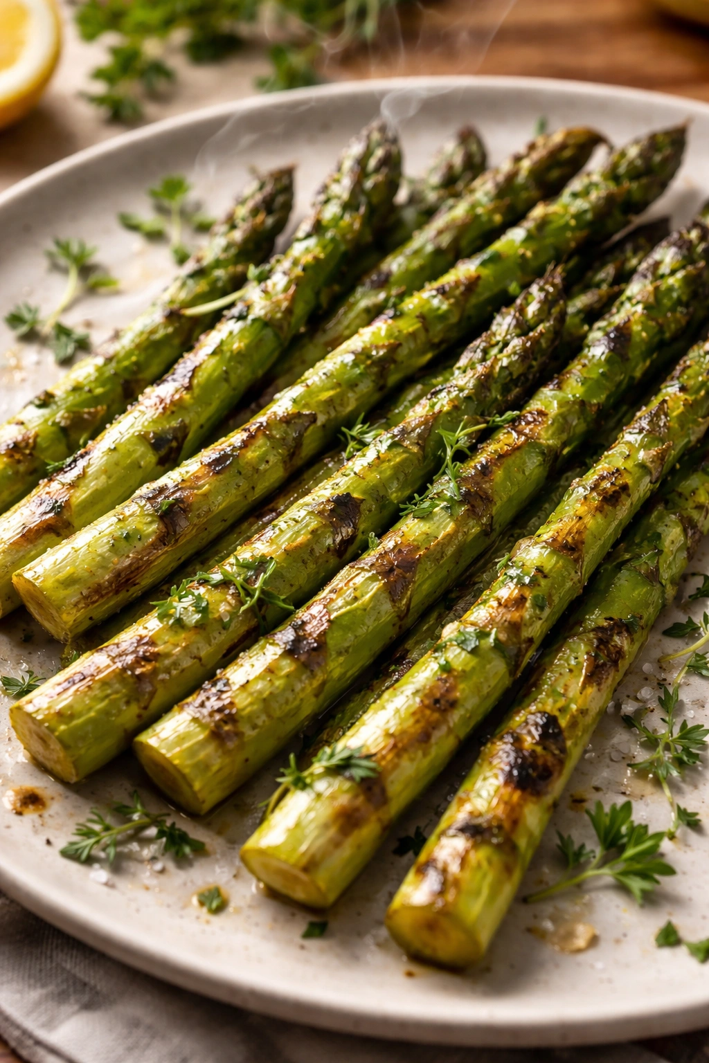 Grilled asparagus with seasonal accents on plate