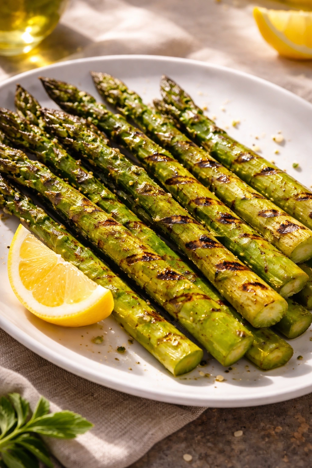 Grilled asparagus with char marks and a lemon wedge