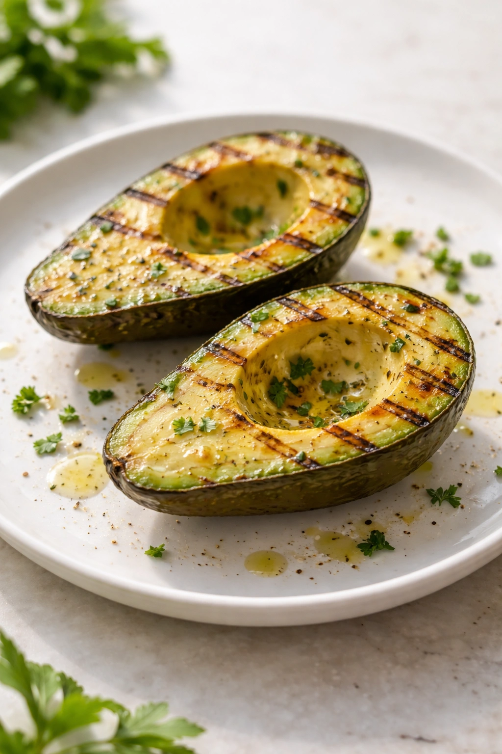Grilled avocado halves plated neatly to convey safe, enjoyable cooked avocado