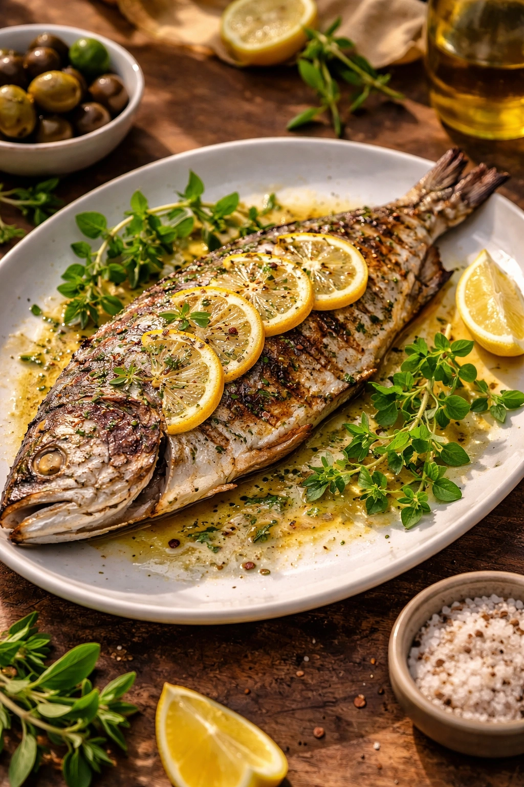 Whole grilled branzino with lemon and herbs on a plate