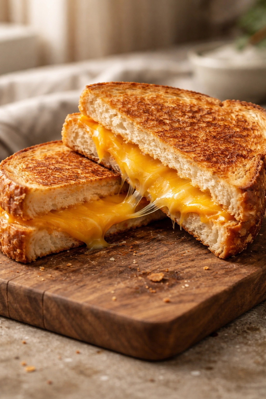 Close-up of a golden grilled cheese sandwich with melted cheese on a wooden board