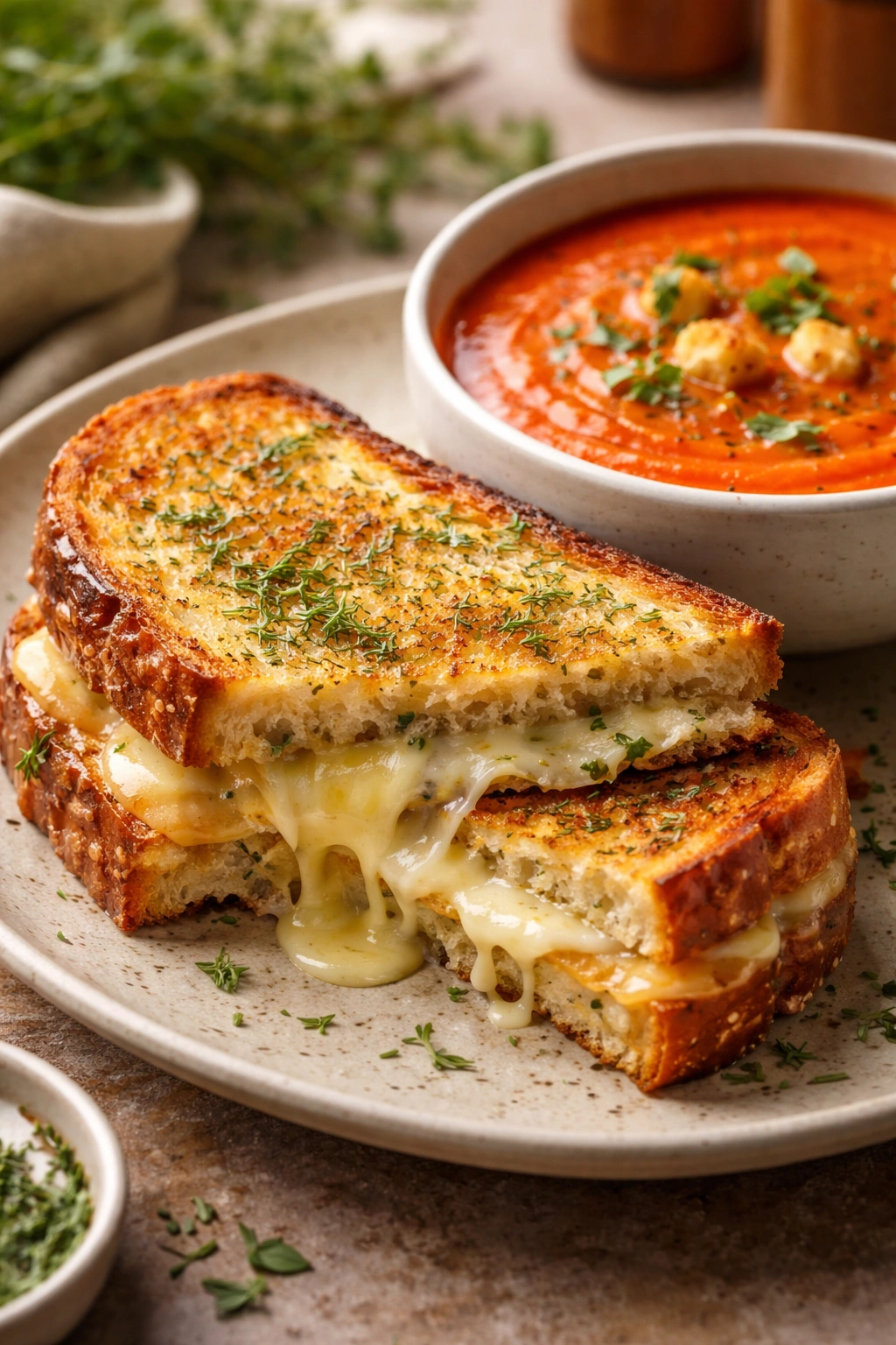 Herb-infused grilled cheese with roasted red pepper soup in a bright kitchen