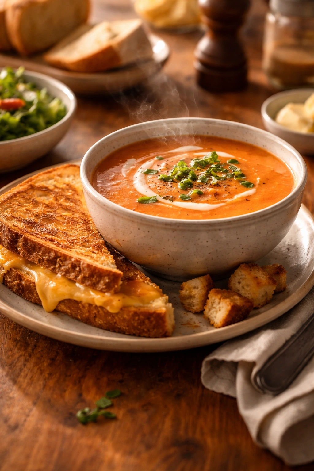 Grilled cheese beside a bowl of creamy tomato soup
