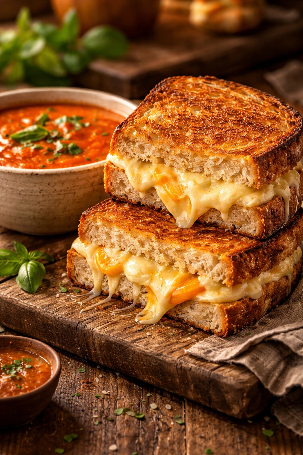 Melted four-cheese creamy grilled cheese with tomato basil soup on a rustic plate