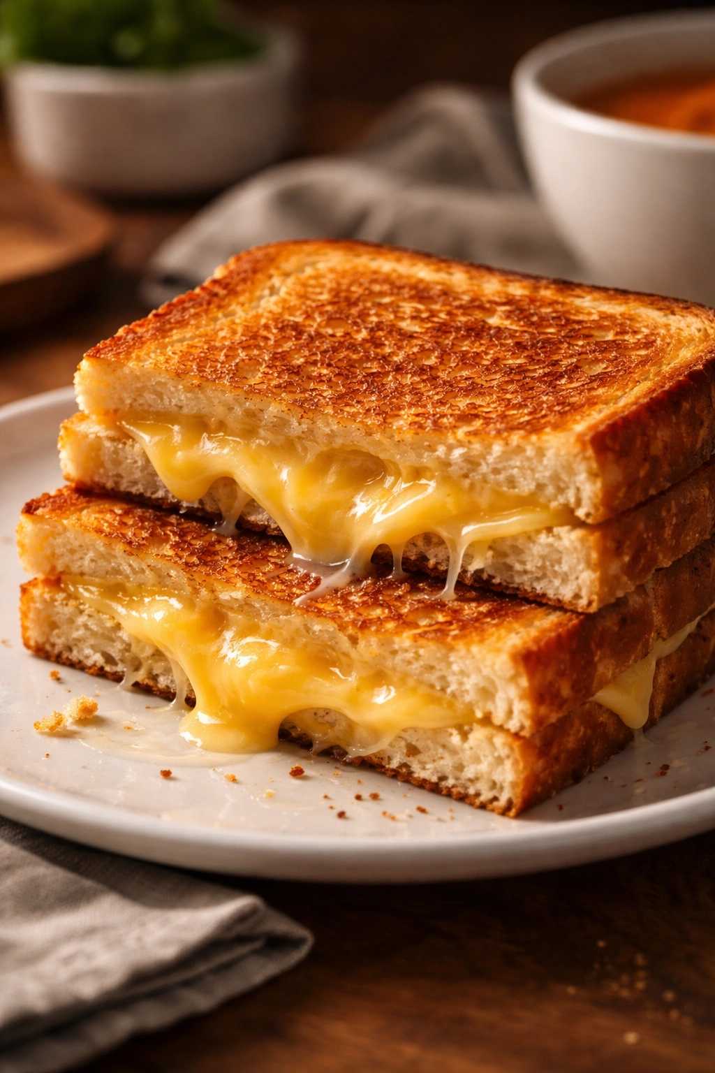 Close-up of a perfectly toasted grilled cheese sandwich on a plate