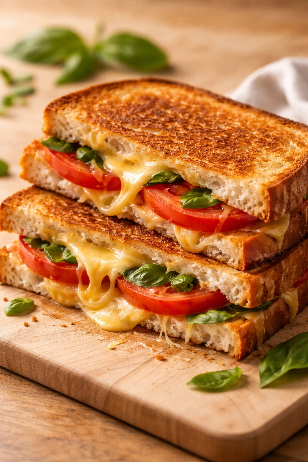 Grilled cheese with tomato and basil close-up, cheese oozing