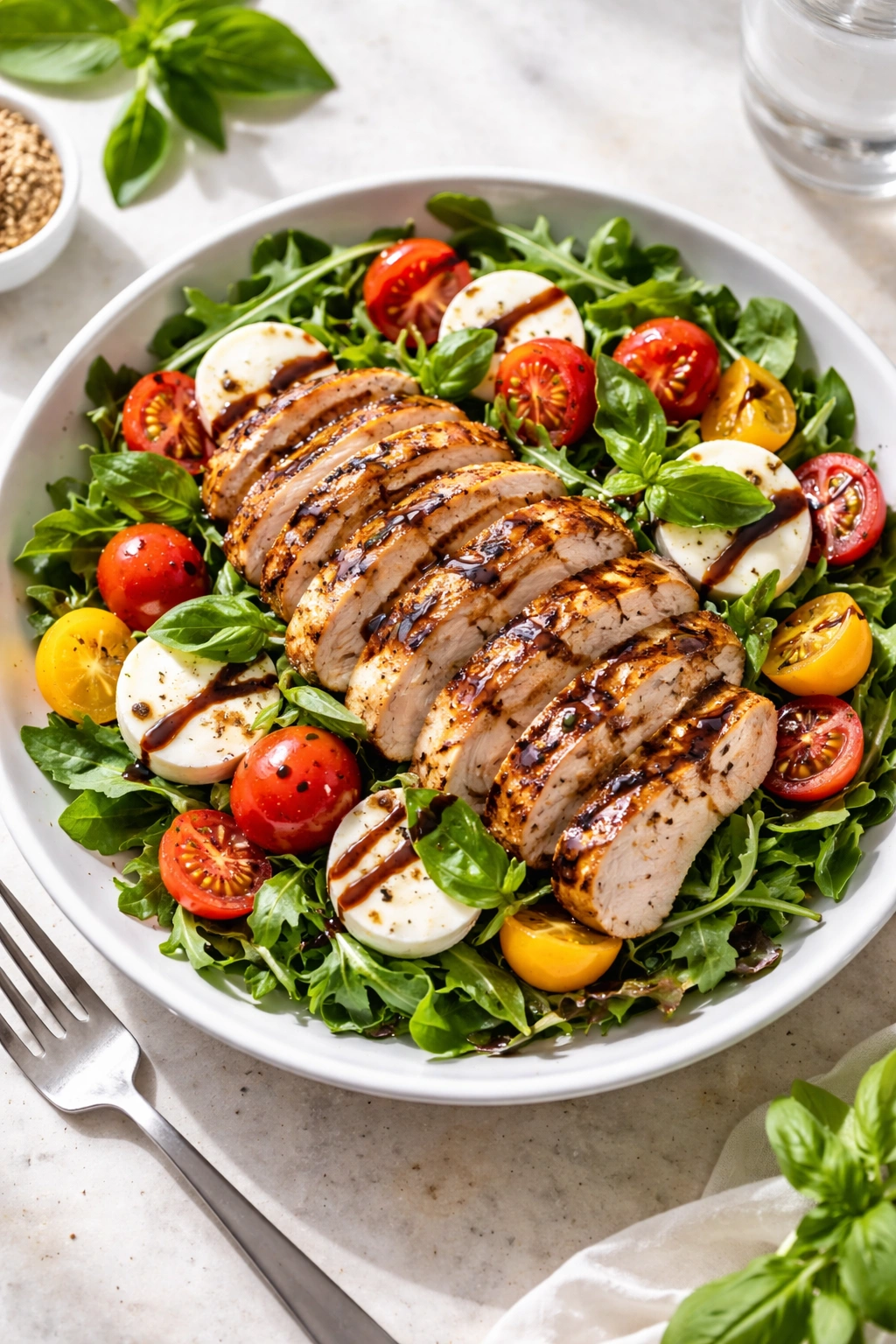 Close-up of grilled chicken with mozzarella and tomatoes on greens with balsamic glaze