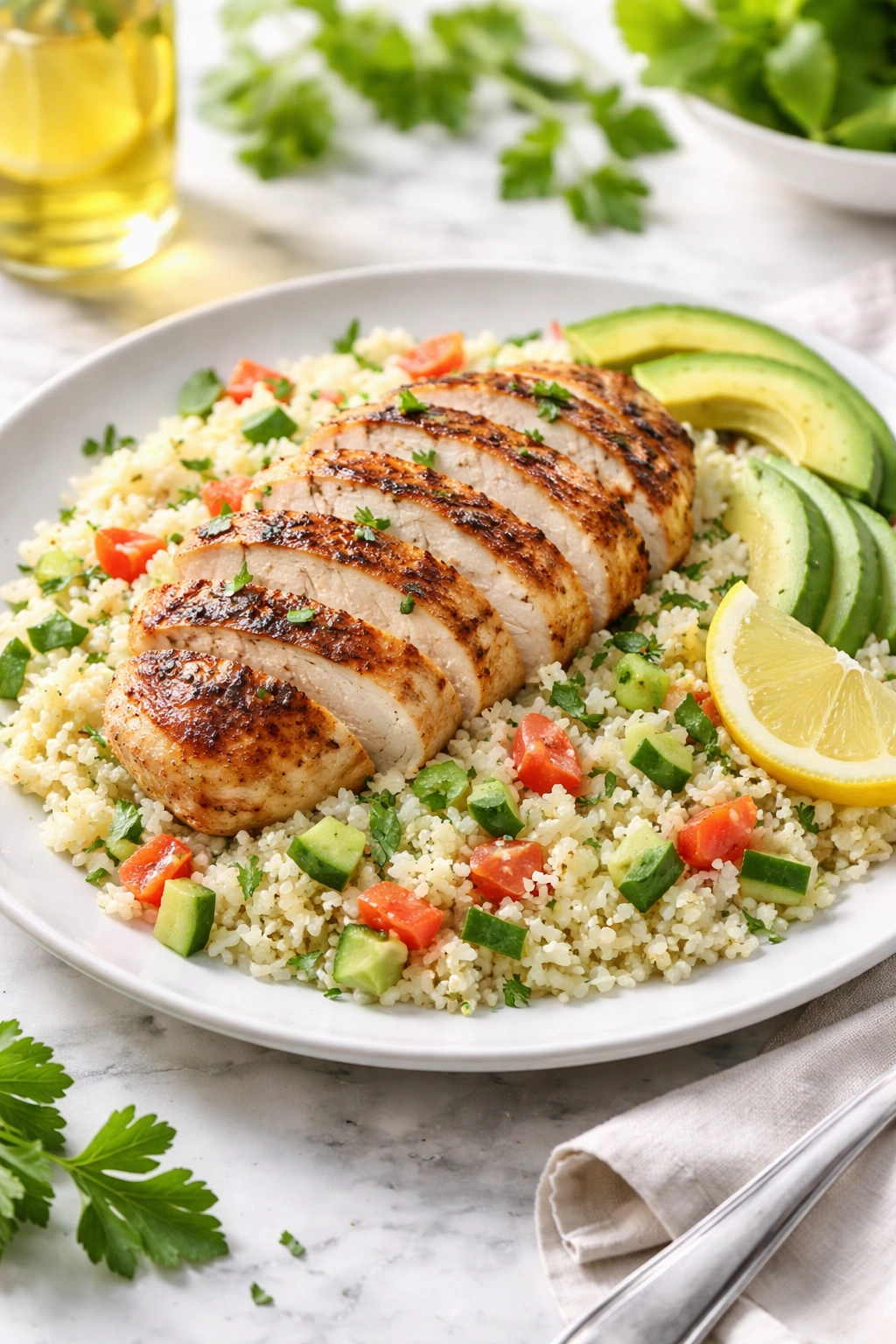 Grilled chicken with cauliflower rice on plate