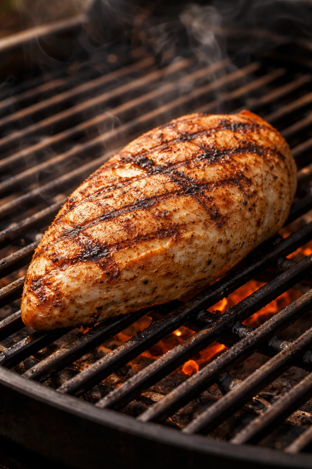 Close-up of a grilled chicken breast on a grill showing dry texture and grill marks