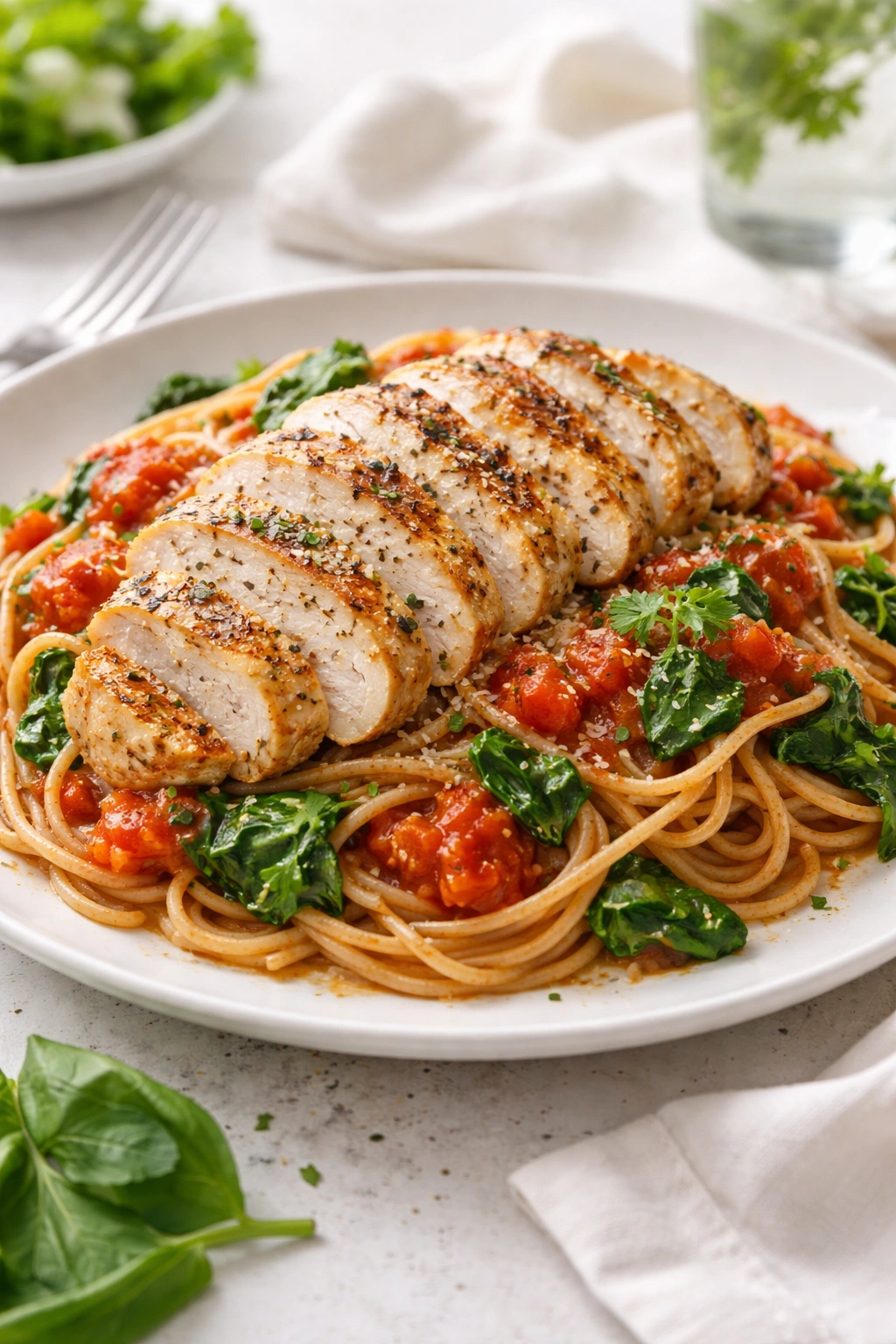 Grilled chicken with whole wheat pasta and marinara sauce