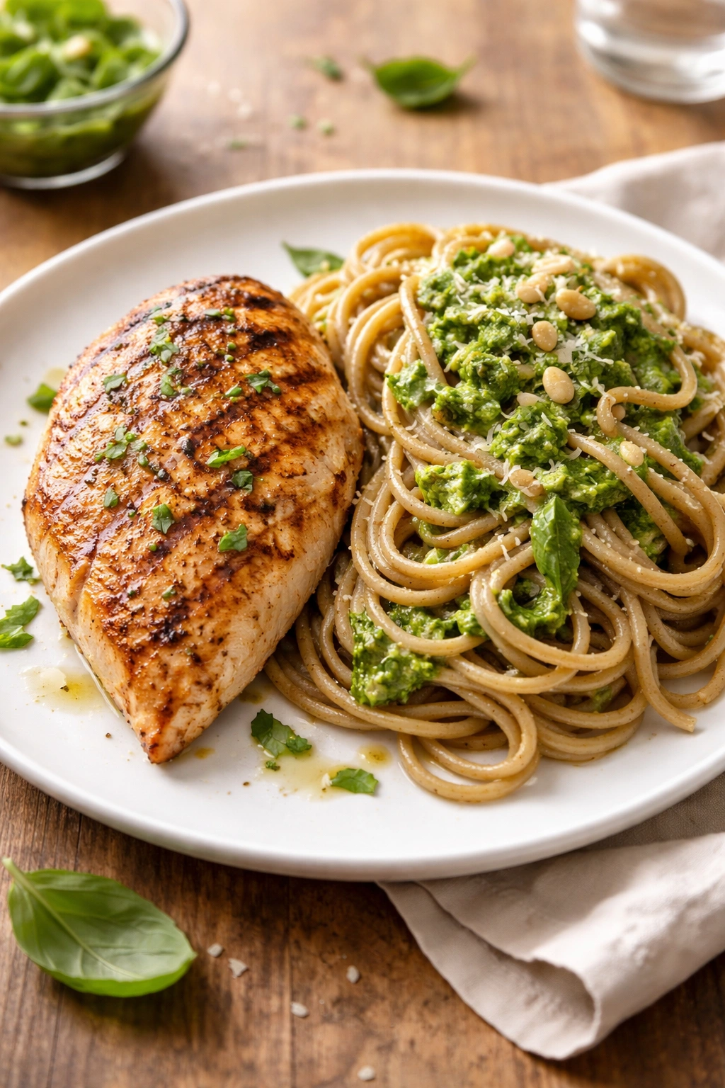 Grilled chicken breast with whole wheat pasta and pesto on a plate