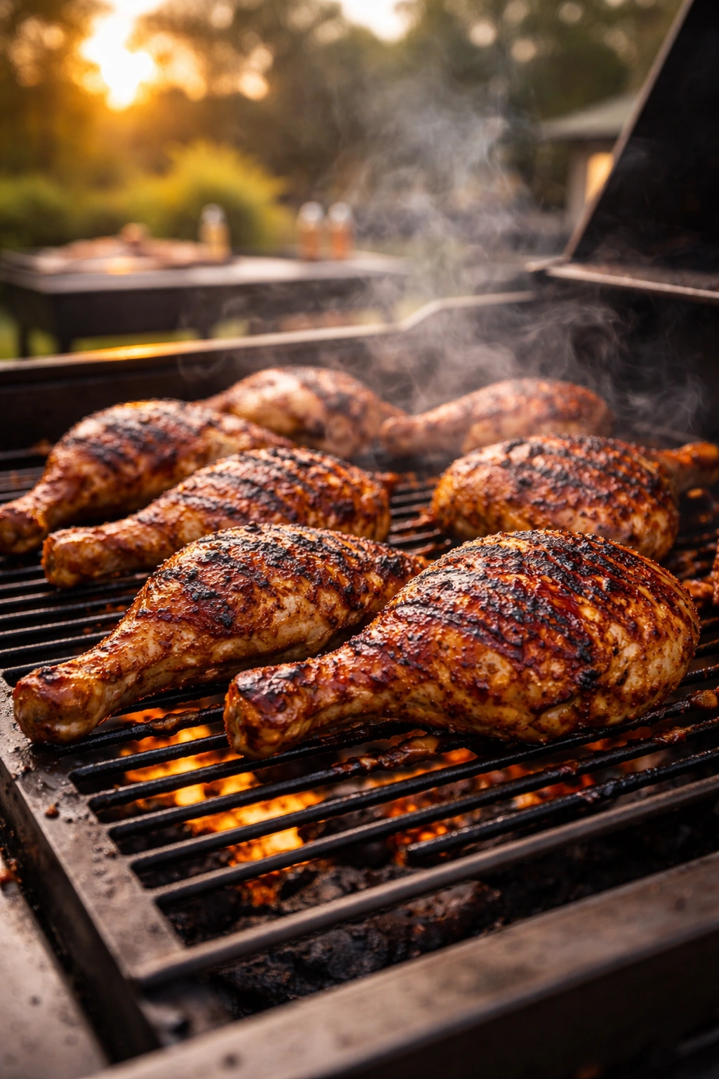 Grilled chicken quarters with char marks on a outdoor grill during golden hour