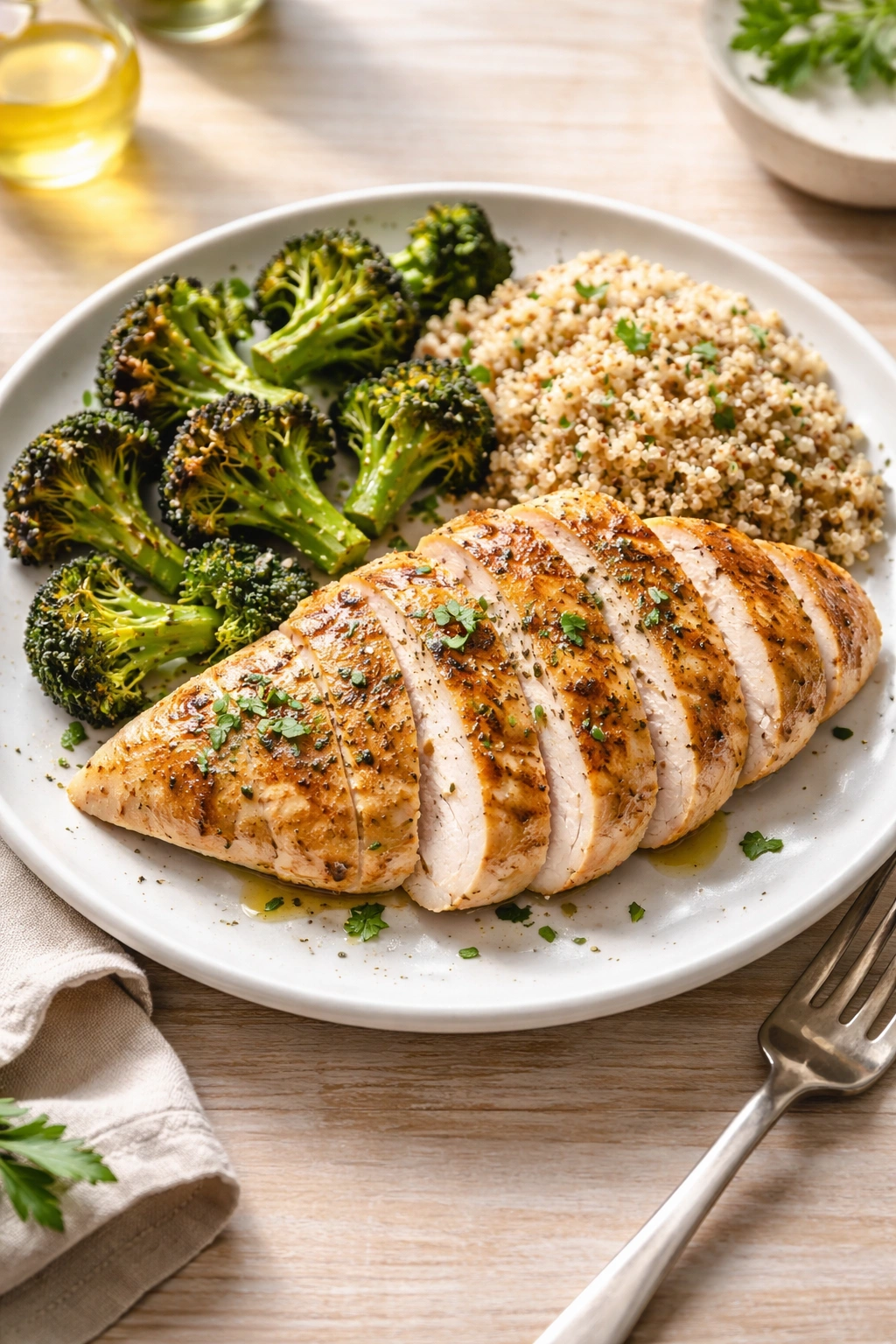 Plate with grilled chicken, quinoa, and roasted broccoli