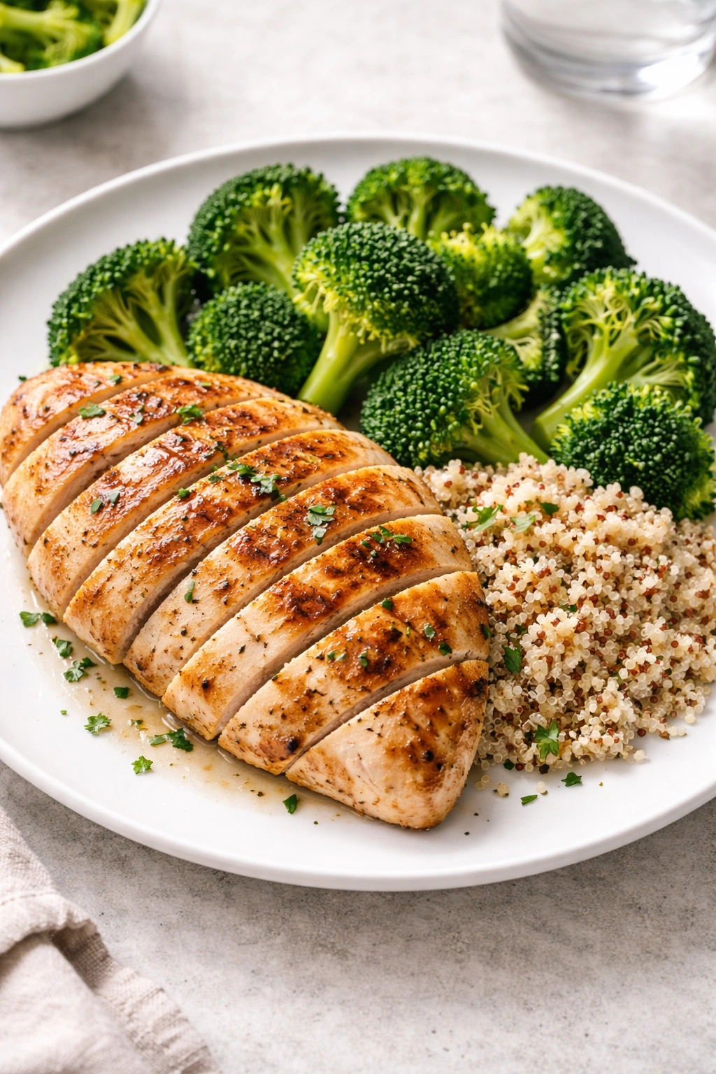 Grilled chicken breast with quinoa and broccoli on plate, balanced diabetes-friendly dinner