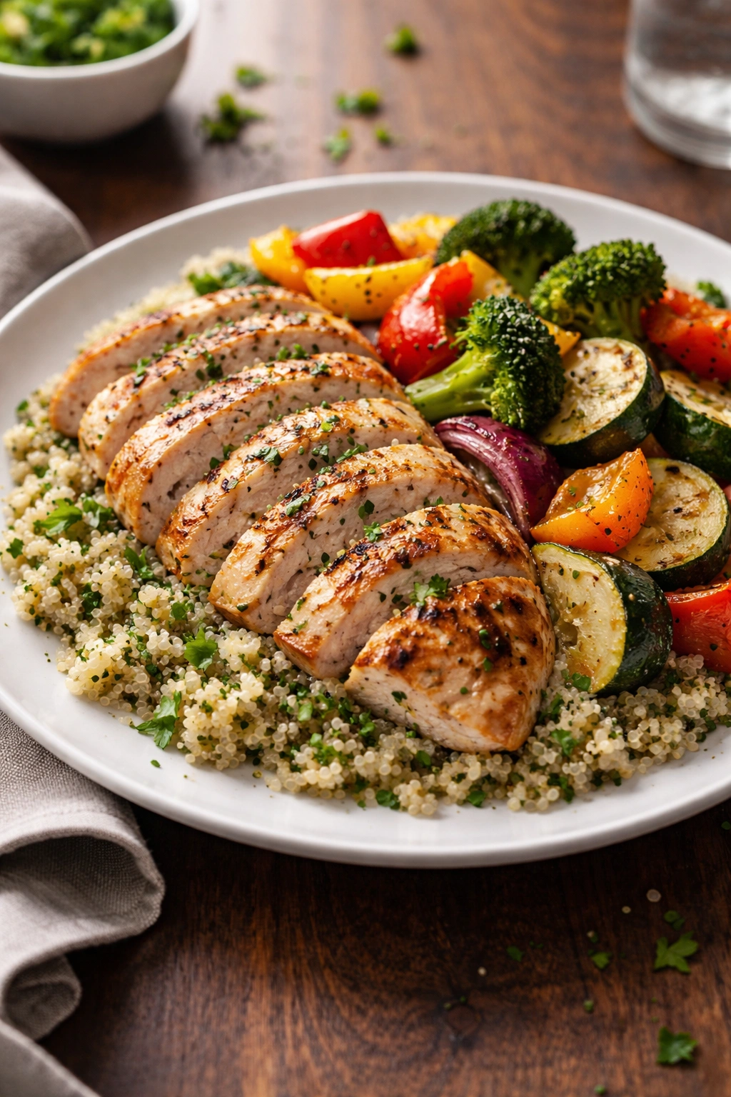 Grilled chicken with herb quinoa and roasted vegetables on plate for a high-protein lunch