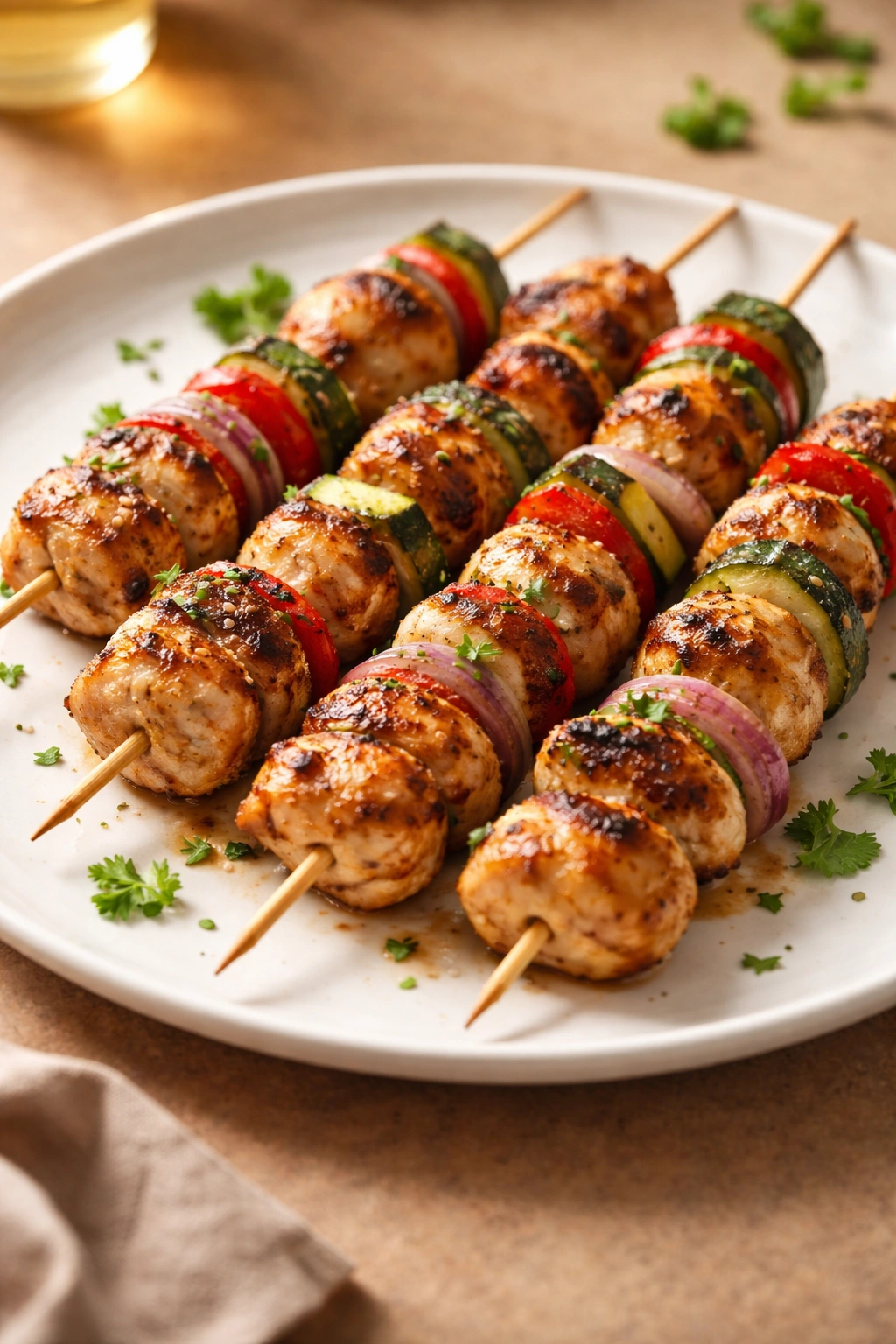 Grilled chicken skewers plated simply on white plate