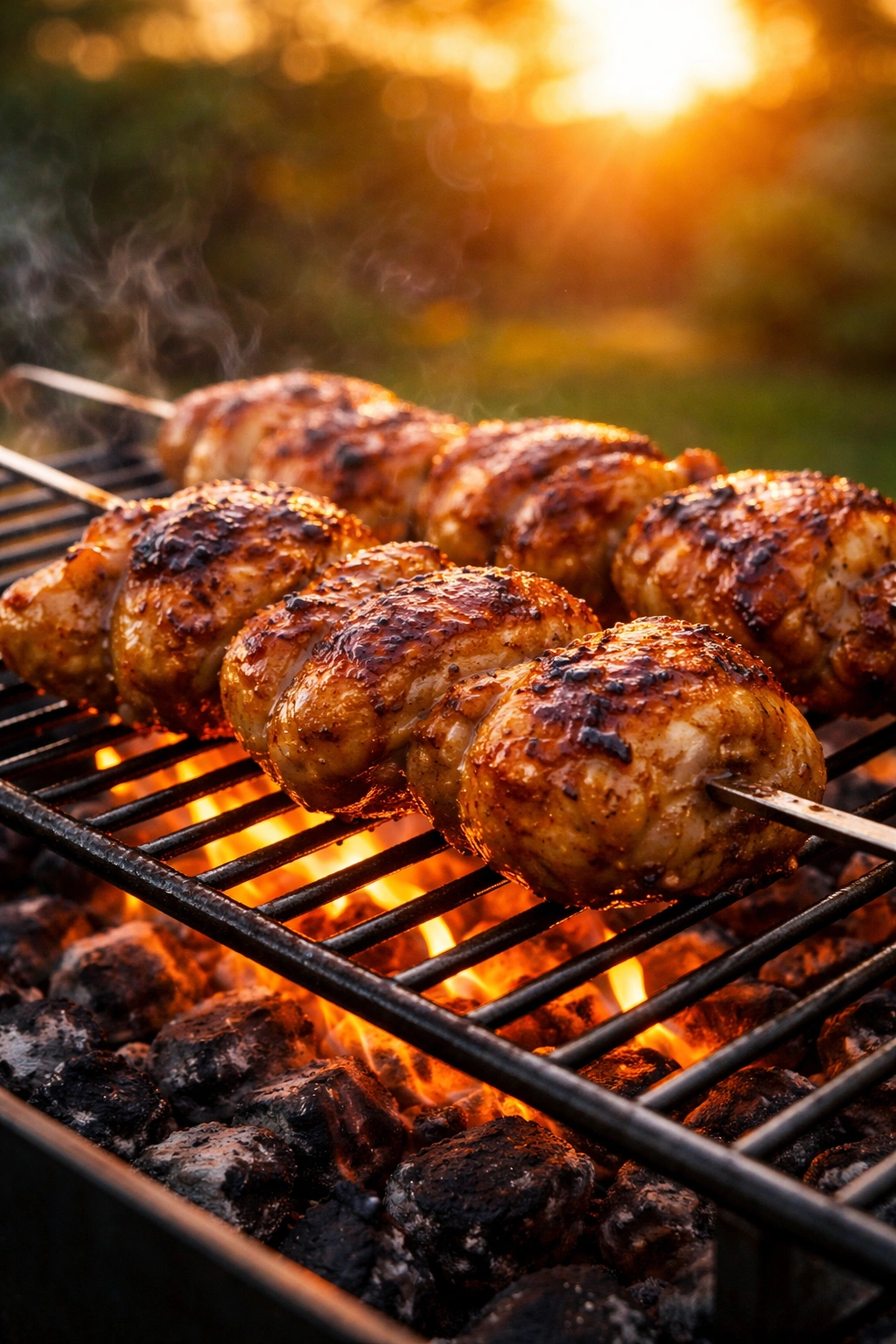 Close-up of juicy grilled chicken thighs with crisp skin on a charcoal grill