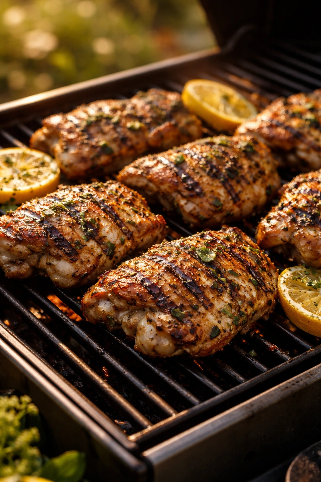 Close-up of grilled chicken thighs with sear marks on a hot grill